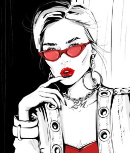 Zoe McKay Author of paranormal/fantasy romance and contemporary romance. Drawing of sophisticated young woman in black and white with a red glasses, lips and top peeking from under jacket