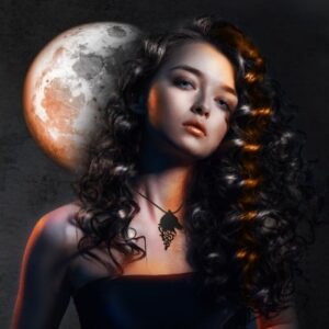 Their Promised by Zoe McKay. Image shows a young woman with long dark hair wearing a wolf necklace on a dark background with a full moon.