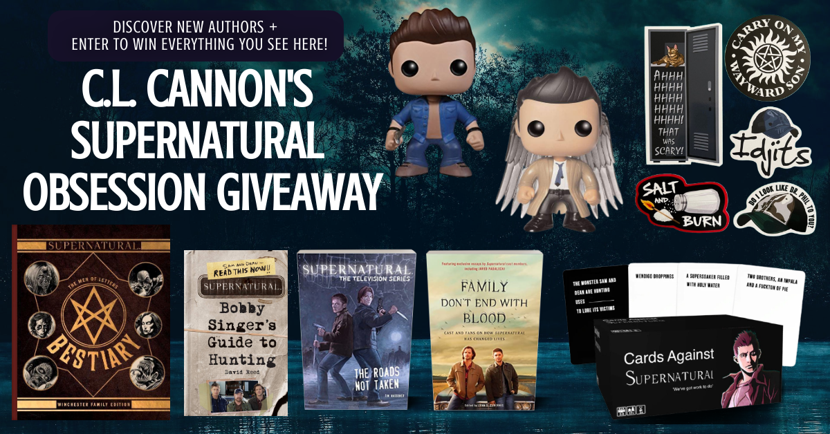 Supernatural Giveaway. Image shows Supernatural book covers along with all the other prizes.