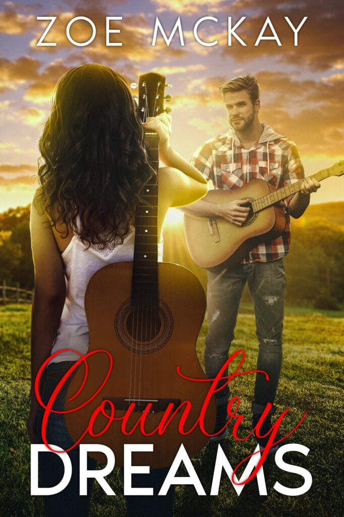Country Dreams by Zoe McKay. Young couple facing each other, each holding a guitar. Background is a country setting.